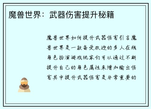 魔兽世界：武器伤害提升秘籍