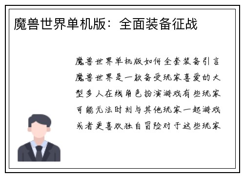魔兽世界单机版：全面装备征战